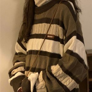 Cozy Coffee Cream Striped Oversize Sweater - Y2K Aesthetic with Unique Embroidery Design