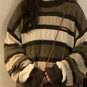 Cozy Coffee Cream Striped Oversize Sweater - Y2K Aesthetic with Unique Embroidery Design