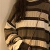 Cozy Coffee Cream Striped Oversize Sweater - Y2K Aesthetic with Unique Embroidery Design