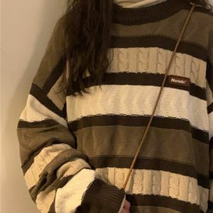 Cozy Coffee Cream Striped Oversize Sweater - Y2K Aesthetic with Unique Embroidery Design