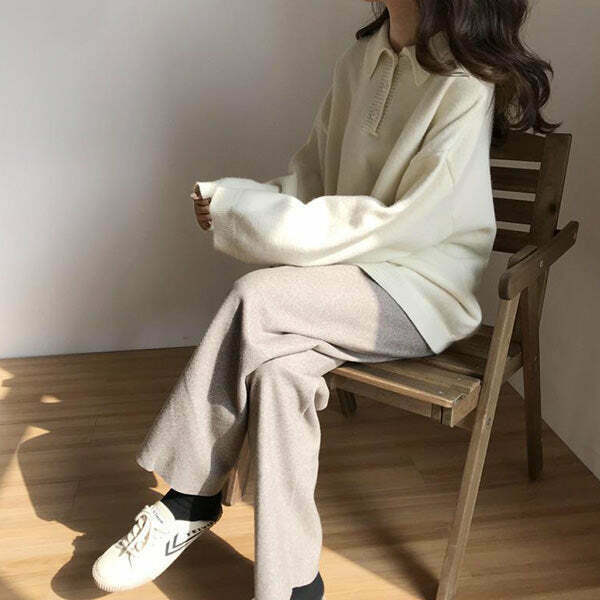 Cozy Days Cream Cropped Button Neck Sweater - Y2K Aesthetic with Unique Embroidery Design