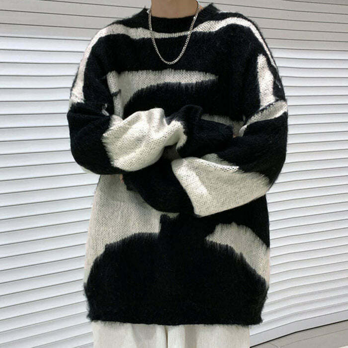 Cozy Grunge Aesthetic Fuzzy Cropped Sweater - Y2K Style Skeleton & Cat Designs