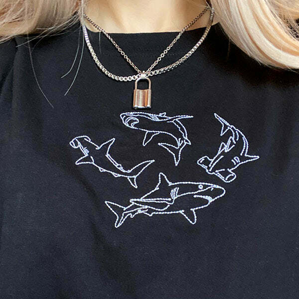 Cozy Shark Embroidered T-Shirt for Y2K Fashion Lovers - Soft 95% Cotton, 5% Spandex Blend