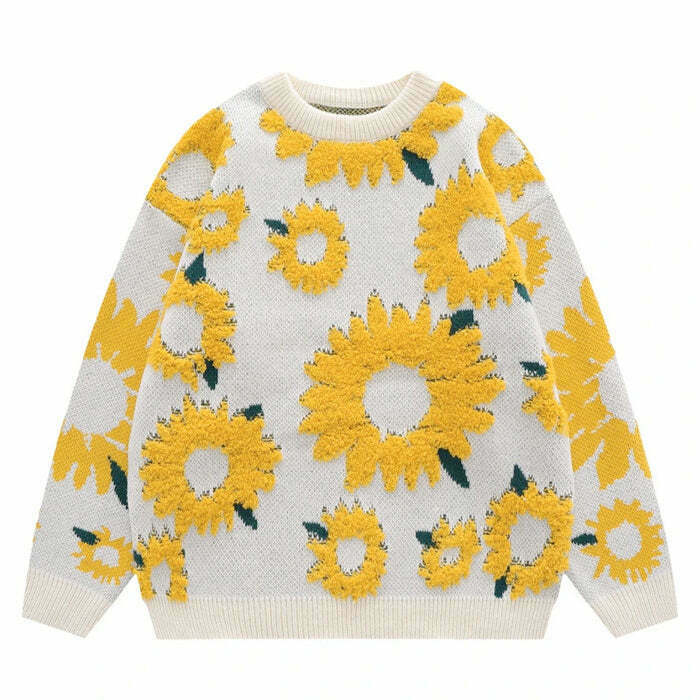 Cozy Sunflower Oversized Sweater - Y2K Aesthetic Cream Cropped Design with Embroidery