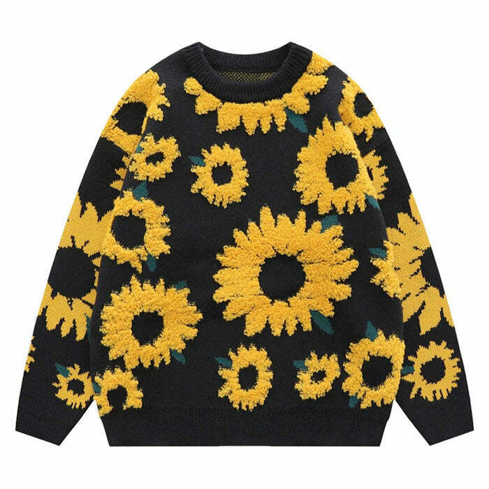 Cozy Sunflower Oversized Sweater - Y2K Aesthetic Cream Cropped Design with Embroidery