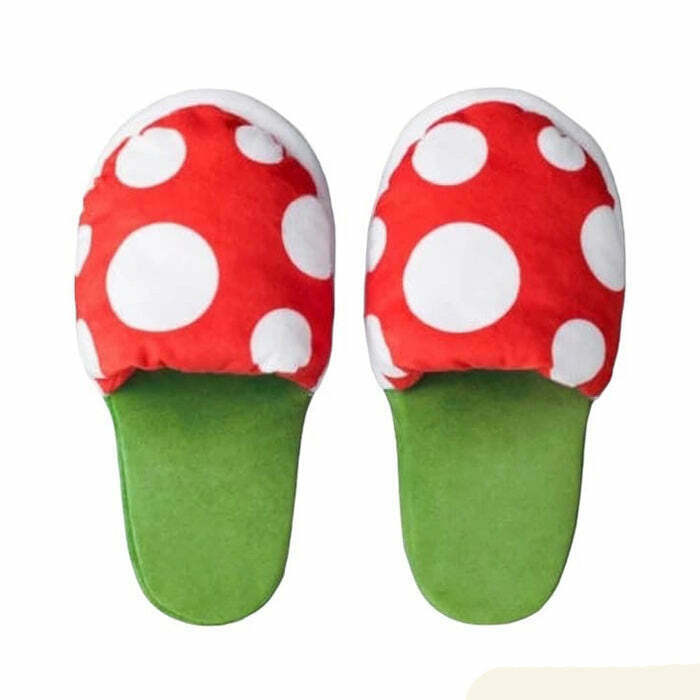 Cozy Y2K Aesthetic Mushroom Slippers with Cute Bear Design - Trendy Cow Print Style