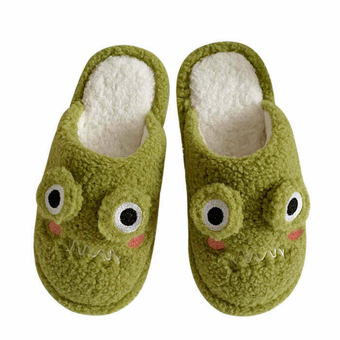 Cozy Y2K Frog Fuzzy Slippers & Crochet Frog Beanie - Adorable Cow Print Teddy Slippers