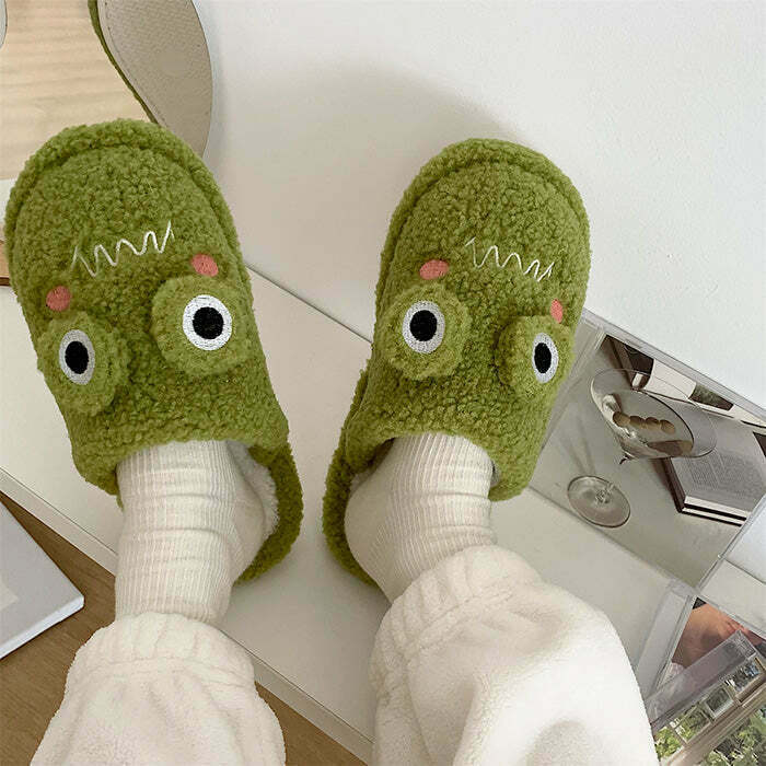 Cozy Y2K Frog Fuzzy Slippers & Crochet Frog Beanie - Adorable Cow Print Teddy Slippers