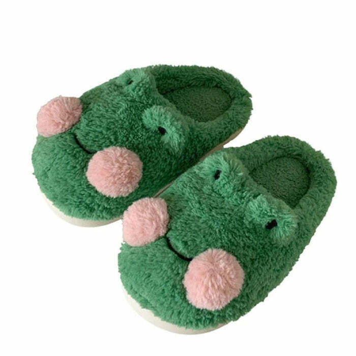 Cozy Y2K Frog Slippers & Crochet Frog Beanie Set - Adorable Cow Print Teddy Slippers