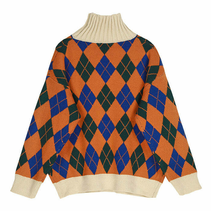 Cream Cropped Argyle Pattern Turtleneck Sweater - Y2K Aesthetic Embroidery Style