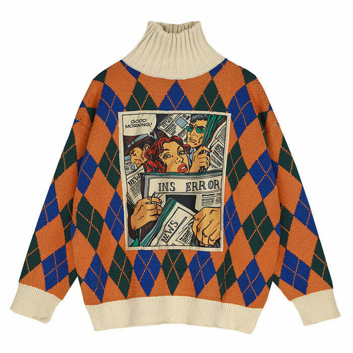 Cream Cropped Argyle Pattern Turtleneck Sweater - Y2K Aesthetic Embroidery Style