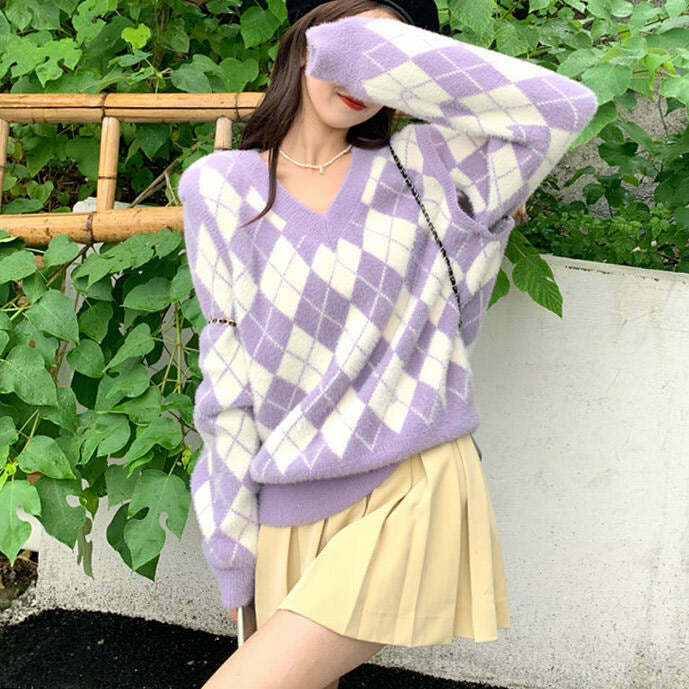 Cream Cropped Fuzzy Argyle Sweater - Y2K Aesthetic with Unique Embroidery Design