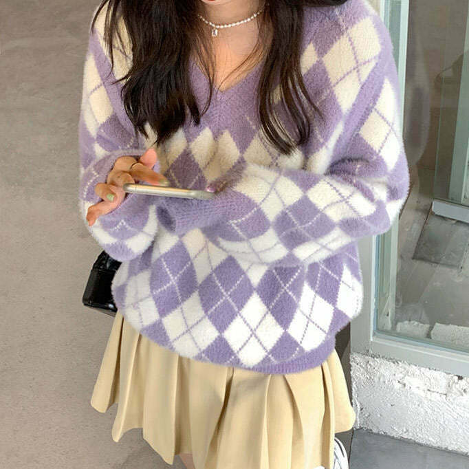 Cream Cropped Fuzzy Argyle Sweater - Y2K Aesthetic with Unique Embroidery Design