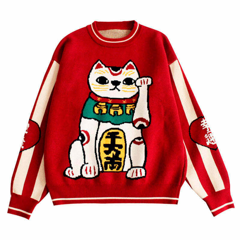 Cream Cropped Maneki Neko Sweater - Y2K Aesthetic Embroidery Cat Design for Trendy Style