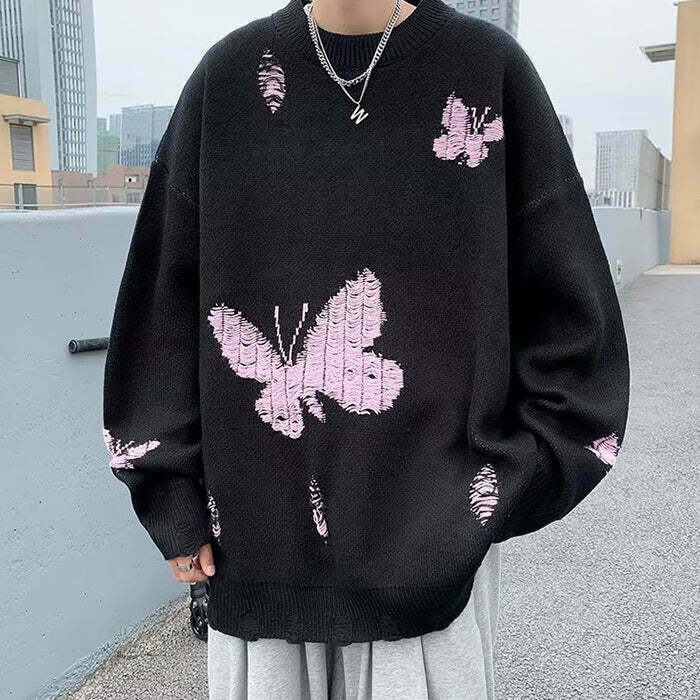 Cream Cropped Soft Boy Butterfly Embroidery Sweater - Y2K Aesthetic Unique Style