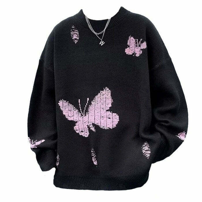 Cream Cropped Soft Boy Butterfly Embroidery Sweater - Y2K Aesthetic Unique Style