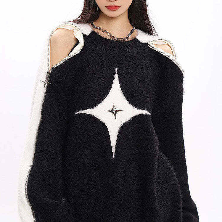 Cream Open-Shoulder Y2K Sweater with Unique Skeleton Embroidery - Trendy Cropped Style