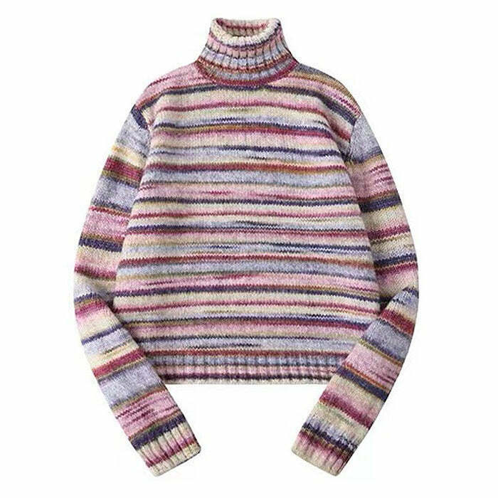 Cream Striped Turtleneck Sweater - Y2K Aesthetic Cropped Design with Unique Embroidery