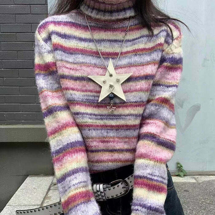 Cream Striped Turtleneck Sweater - Y2K Aesthetic Cropped Design with Unique Embroidery