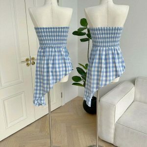 Cute Baby Blue Plaid Off Shoulder Shirt - Vintage Aesthetic Flannel for Trendy Looks