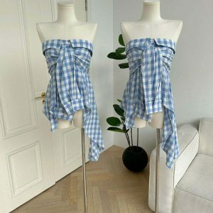 Cute Baby Blue Plaid Off Shoulder Shirt - Vintage Aesthetic Flannel for Trendy Looks