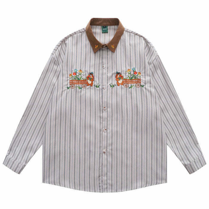 Cute Bear Embroidery Striped Shirt - Aesthetic Vintage Flannel for Trendy Y2K Style