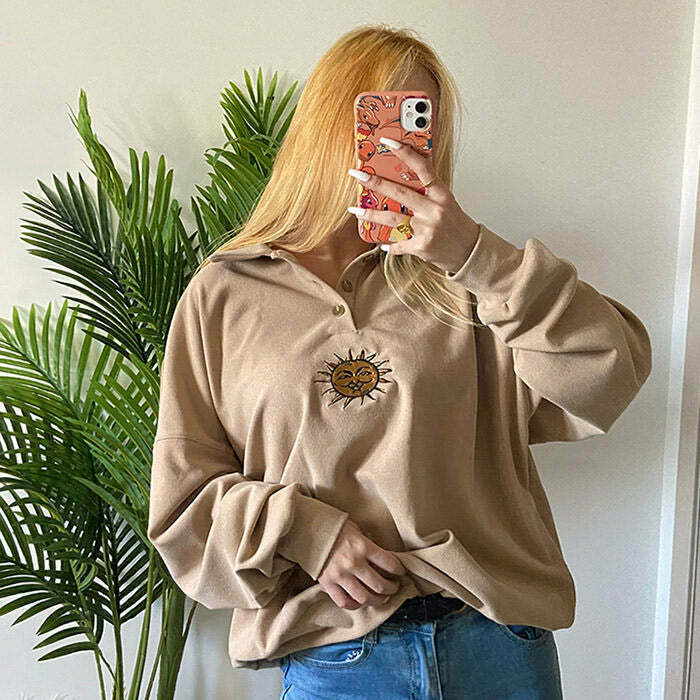 Cute Sun Embroidery Button-Up Sweatshirt - Aesthetic Corduroy Style for Y2K Fashion Lovers