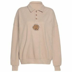 Cute Sun Embroidery Button-Up Sweatshirt - Aesthetic Corduroy Style for Y2K Fashion Lovers