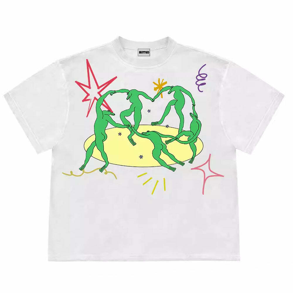 Dancing Aliens Graphic T-Shirt in Soft Cotton Blend - Trendy Y2K Grunge Style Tee