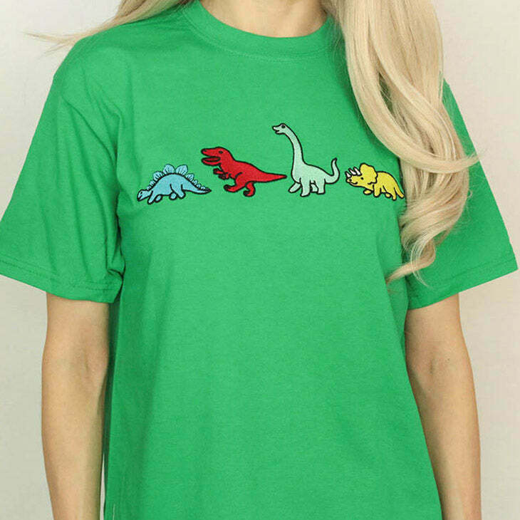 Dinosaur Family T-Shirt - Y2K Grunge Style Tee in Soft 95% Cotton, 5% Spandex Blend