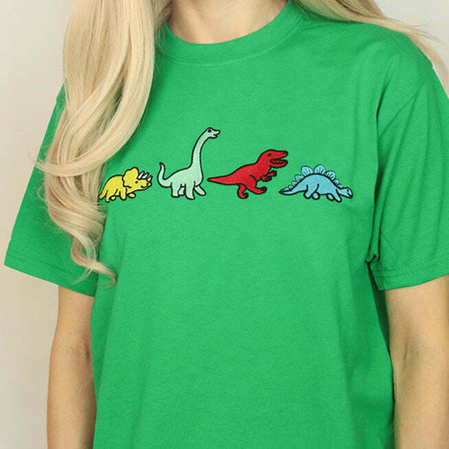 Dinosaur Family T-Shirt - Y2K Grunge Style Tee in Soft 95% Cotton, 5% Spandex Blend