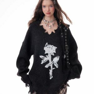 Distressed Rose Print Sweater - Trendy Y2K Aesthetic with Cozy Comfort and Style