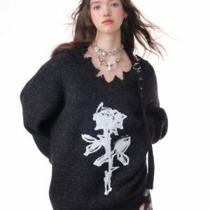 Distressed Rose Print Sweater - Trendy Y2K Aesthetic with Cozy Comfort and Style