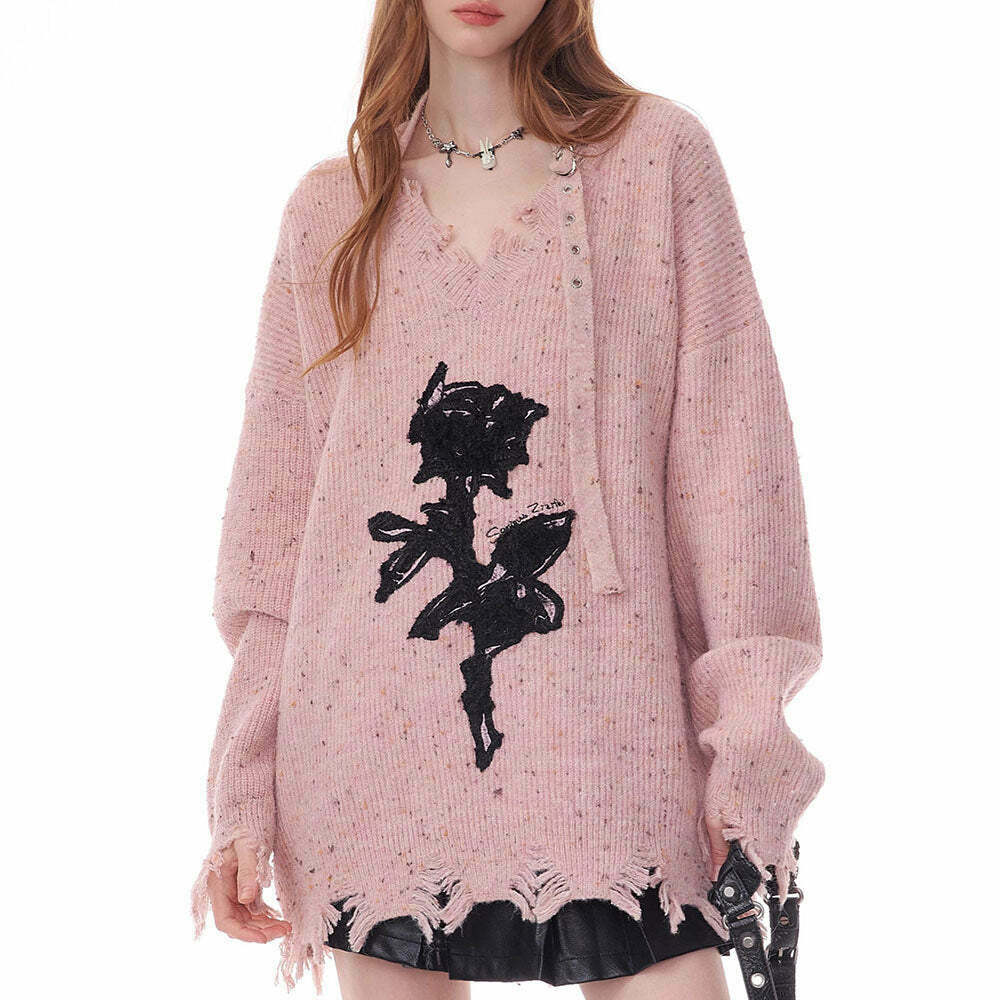 Distressed Rose Print Sweater - Trendy Y2K Aesthetic with Cozy Comfort and Style