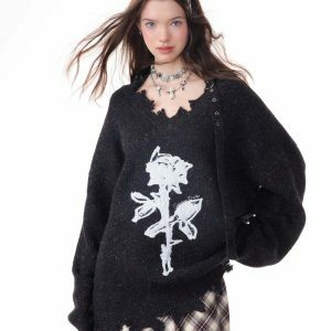 Distressed Rose Print Sweater - Trendy Y2K Aesthetic with Cozy Comfort and Style