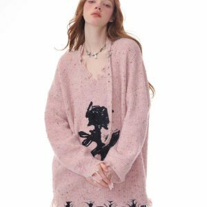 Distressed Rose Print Sweater - Trendy Y2K Aesthetic with Cozy Comfort and Style