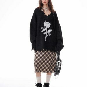 Distressed Rose Print Sweater - Trendy Y2K Aesthetic with Cozy Comfort and Style