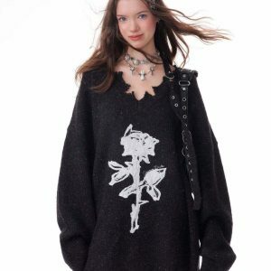 Distressed Rose Print Sweater - Trendy Y2K Aesthetic with Cozy Comfort and Style