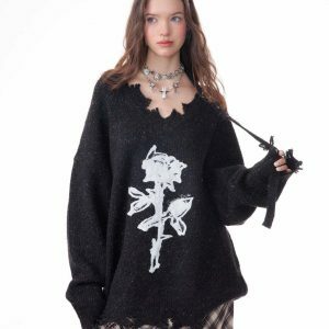 Distressed Rose Print Sweater - Trendy Y2K Aesthetic with Cozy Comfort and Style