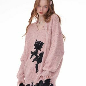 Distressed Rose Print Sweater - Trendy Y2K Aesthetic with Cozy Comfort and Style