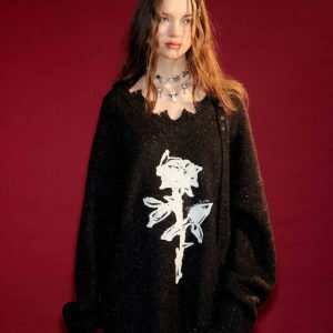 Distressed Rose Print Sweater - Trendy Y2K Aesthetic with Cozy Comfort and Style