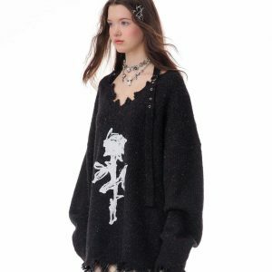 Distressed Rose Print Sweater - Trendy Y2K Aesthetic with Cozy Comfort and Style