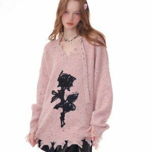 Distressed Rose Print Sweater - Trendy Y2K Aesthetic with Cozy Comfort and Style