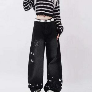 Downtown Girl Black Star Jeans - Trendy Y2K Star Jorts with Stylish Buckles and Aesthetic Appeal