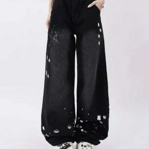 Downtown Girl Black Star Jeans - Trendy Y2K Star Jorts with Stylish Buckles and Aesthetic Appeal