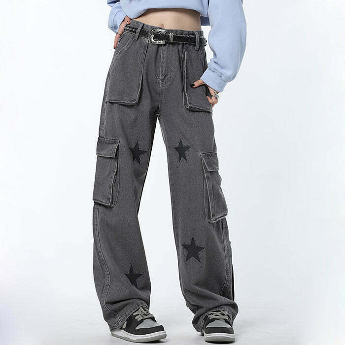 Downtown Girl Star Baggy Jeans - Trendy Low Rise Stacked Ripped Y2K Style for Fashionistas