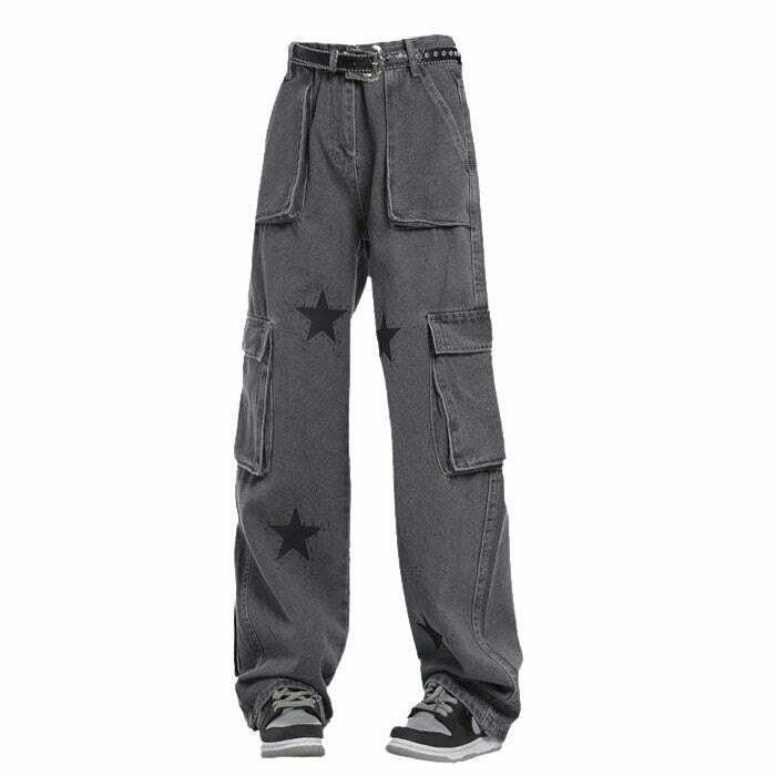 Downtown Girl Star Baggy Jeans - Trendy Low Rise Stacked Ripped Y2K Style for Fashionistas