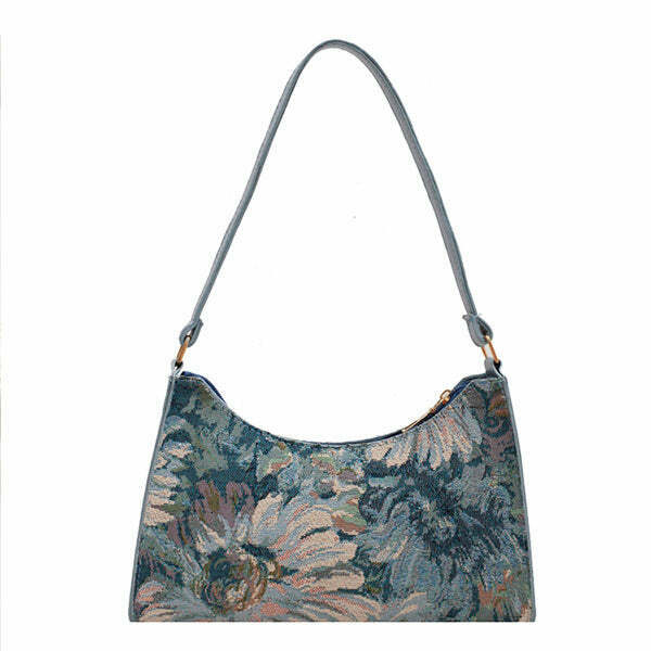 Eden Flower Oil Painting Baguette Bag - Y2K Floral Design with Sunflower Denim Accents