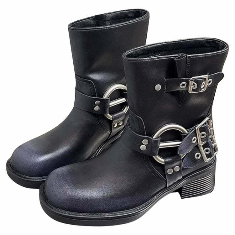 Edgy Grunge Sleaze Motorcycle Buckle Boots - Soft Ankle Tabi Split Toe Design for Streetwear