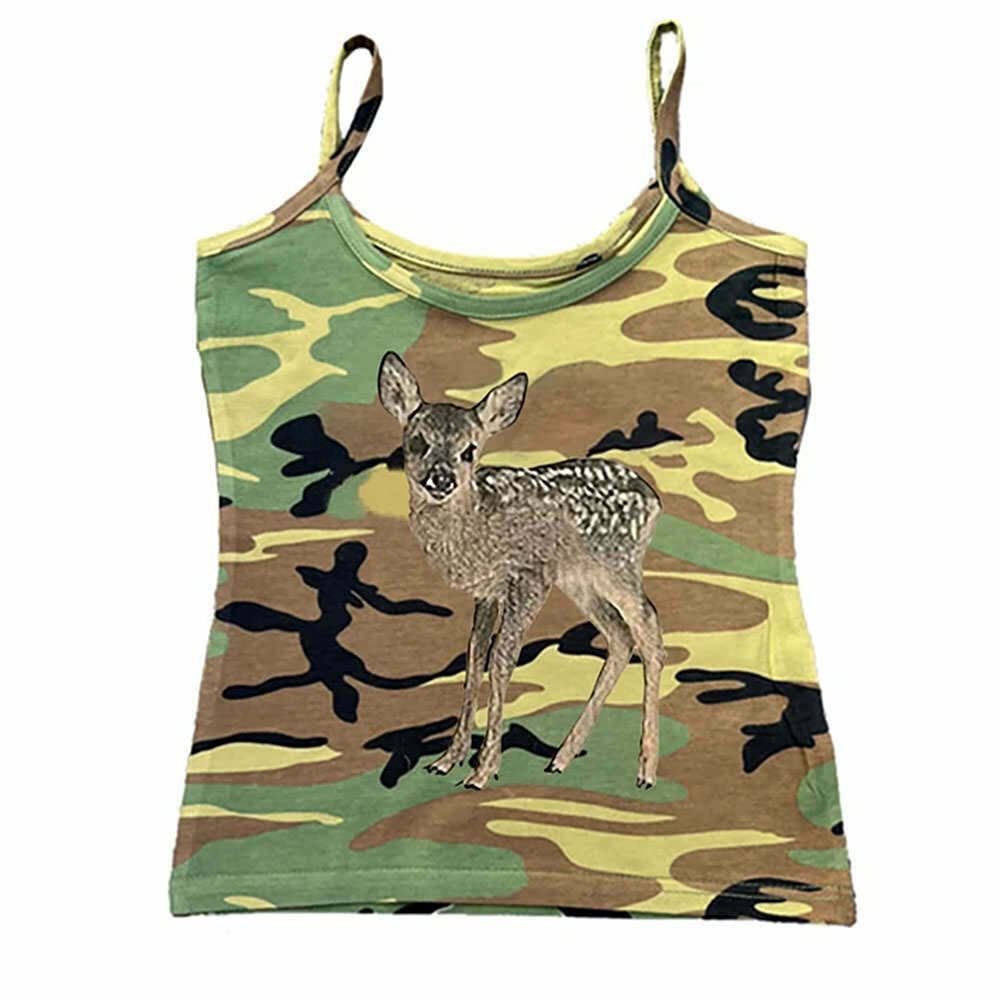 Edgy Y2K Fawn Print Camouflage Tank Top - Trendy 3D Body Print for Bold Fashionistas